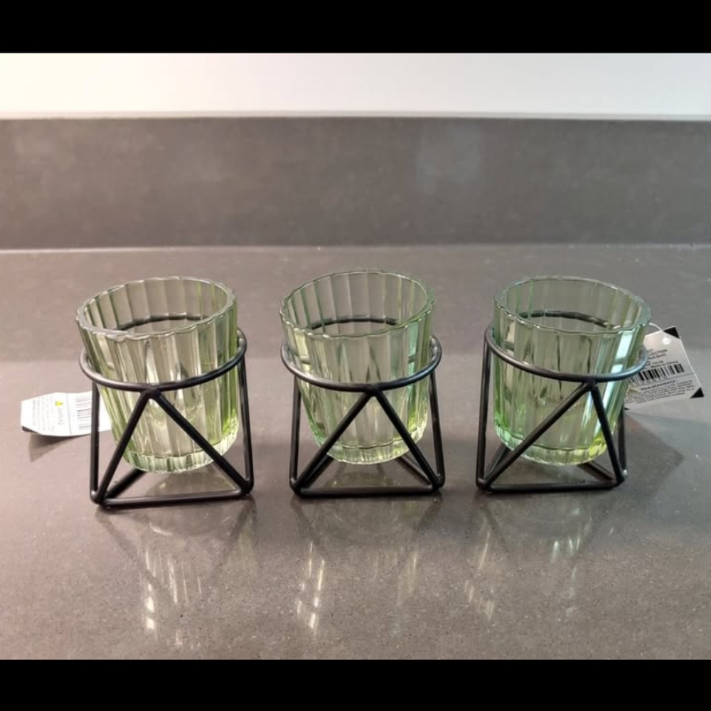NWT Hobby Lobby Green Glass Candle Holders with Black Metal Stands